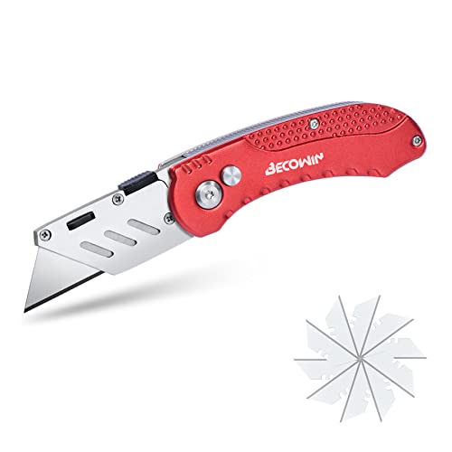 Becowin Folding Box Cutter Utility Knife Pocket Quick Change Sk5 Blades Lightweight Aluminum Body Belt Clip For Office And Home With Extra 10-Piece Blades, Red #TOP13