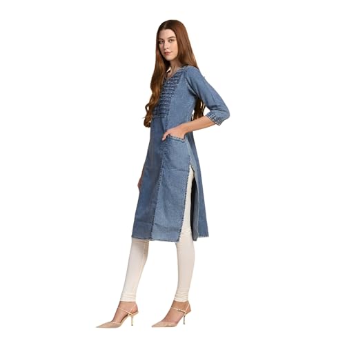 Image of Denim Kurtis for Women with Two Side Pockets Fashionable Women's Clothing