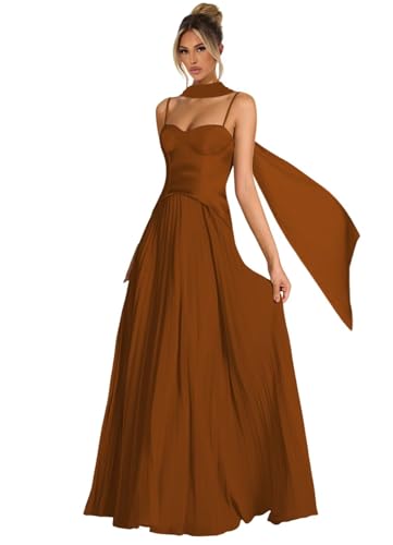 Women's Spaghetti Strap Bridesmaid Dresses Long Pleated Asymmetrical Drop Waist Formal Dress with Scarf DI268