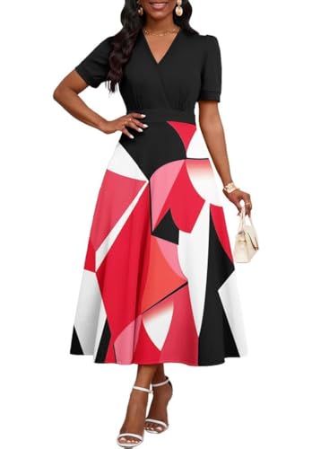 Image of MarryUP Women's Midi Dresses - V Neck Cocktail & Church Tea Dresses - Short Sleeve A-Line Swing Dress