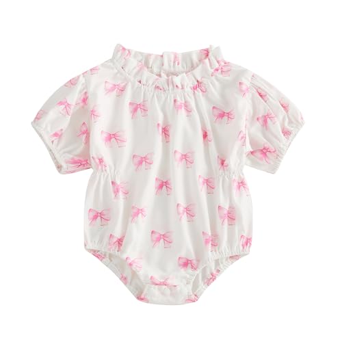 Image of MOLZULAMS Newborn Baby Girl Clothes Ruffle Short Sleeve Bow Swetshirt Smocked Romper Bodysuit Cute Spring Summer Outfit