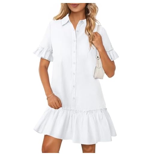 MEROKEETY Women's Summer Button Down Shirt Dress Casual Ruffle Sleeve Shift Mini Dresses with Pockets, White, Large