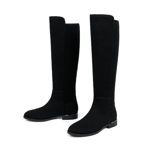 Image of Modatope Rounded Toe Flat Stretchy Dress Knee High Boots Side Zipper