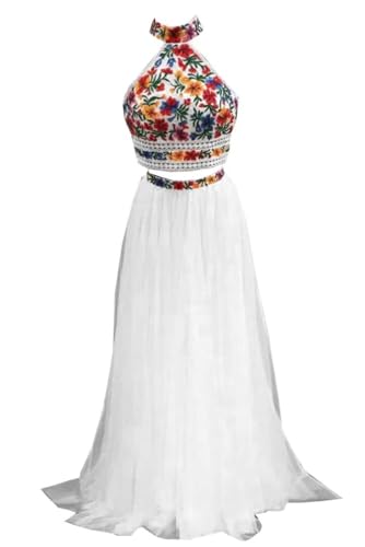 High Neck Halter Long Prom Homecoming Dresses 2 Two Piece Coloful Flower Embroidered Aline