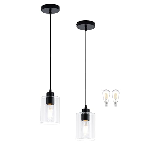 Image of MAYNA 2 Pack Black Pendant Lights Kitchen Island, Mini Pendant Light Fixture with Clear Glass Shade, Adjustable Cord Industrial Farmhouse Hanging Ceiling Lamp for Dining Room, Sink, Bar(Bulb Included)