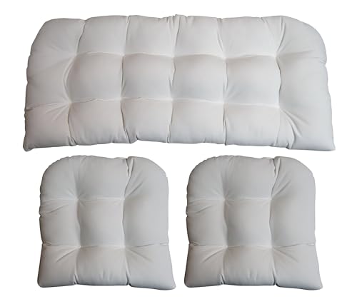 RSH DECOR Sunbrella 3 Piece Wicker Tufted Loveseat Set, Outdoor Pillows & Outdoor Chair Cushions, Patio Loveseat 44"x22" & 2-22"x22" U-Shaped, Performance Fabric, Canvas White - Made in USA
