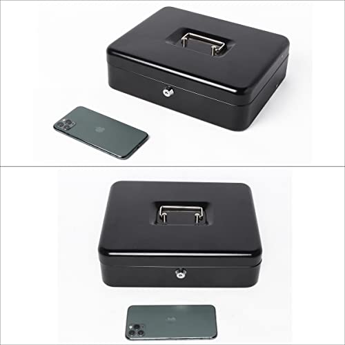 Parrency Cash Box With Key Lock，Lock Box Safe Storage Security Locker With Security Cable,Durable Metal Cash Box With Money Tray，Black #TOP4