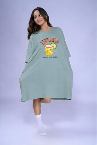 Image of LAMA STORE Women's Printed Oversized T-Shirt Dress, Cotton, 3 /4 Sleeve Length, Casual Loose Fit, Comfort Wear Extra Comfy Oversized Printed Pocket T-Shirt Dress