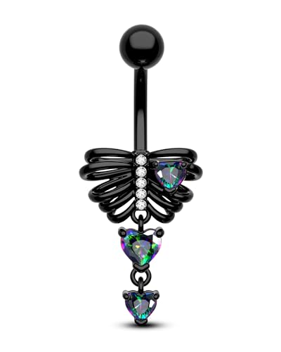 Cocharm Black Skeleton Heart Belly Button Rings Dangle Halloween Navel Rings 14G Belly Piercing Jewelry Stainless Steel