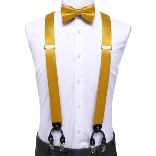 Image of Hi-Tie Men Suspender Bowtie Set Suspenders Pre-tied Bow Tie Pocket Square Cufflinks Adjustable Y Shape 6 Clips Braces Tuxedo