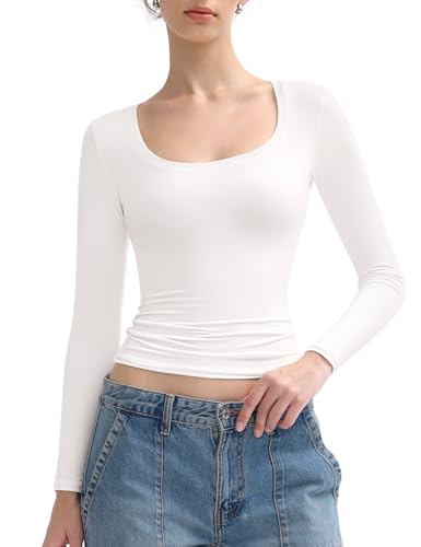 Image of PUMIEY Women's Long Sleeve T Shirts Scoop Neck Slim Fit Going Out Tops Double Lined Basic Tee Smoke Cloud Collection