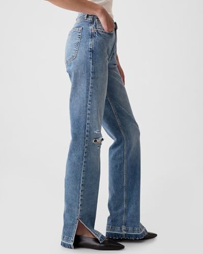 Image of Gap Women Vintage Mid Rise Mom Fit Mid Washed Jeans with Slit Ankle Detail