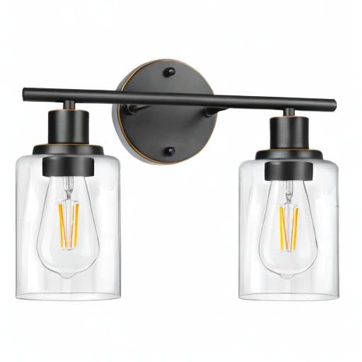 Image of Bathroom Light Fixtures, 2 Light Vanity Light, Wall Sconces Lighting | Modern Bath Wall Mounted Light with Glass Shade, Porch Wall Lamp for Mirror, Living Room, Bedroom, Hallway, Oil Rubbed Bronze