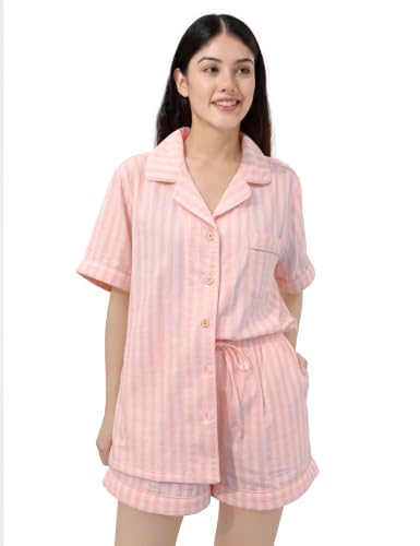 Image of Womens Muslin Pajama Sets 100% Cotton Double Gauze Linen Like Short Pjs | Breathable Soft Comfort Button Up Loungewear Sleepwear PJ Set