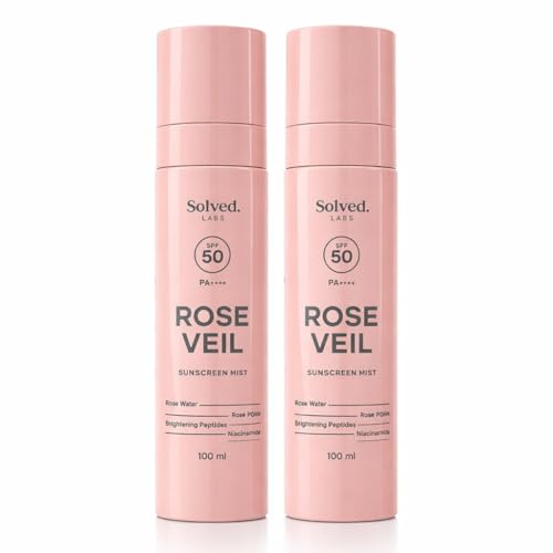 Image of Solved Labs Rose Veil Sunscreen Spray /Mist (Pack of 2) | SPF50 PA++++ | Rose Water & PDRN , Niacinamide & Brightening Peptides | Lightweight UV Protection Spray Sunscreen | For All Skin Types | 100ml each