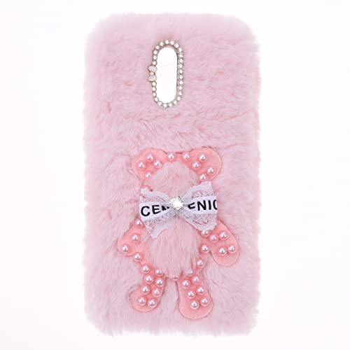 Fluffy Fur Plush Funda para Nokia 6.1 Plus Funda Protectora Funda de TPU Carcasa Bonita Oso Glitter Gems Diamond Decoration Fluffy Fur Funda Protectora Bumper Carcasa para Nokia 6.1 Plus,Oso rosa