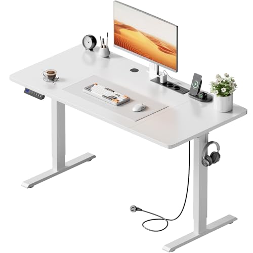 HLFURNIEU Escritorio Elevable Electrico 120 x 60 cm, Mesa Escritorio Elevable con Enchufes & Puertos USB, Mesa Regulable en Altura con 3 Control de Memoria, Standing Desk Blanco