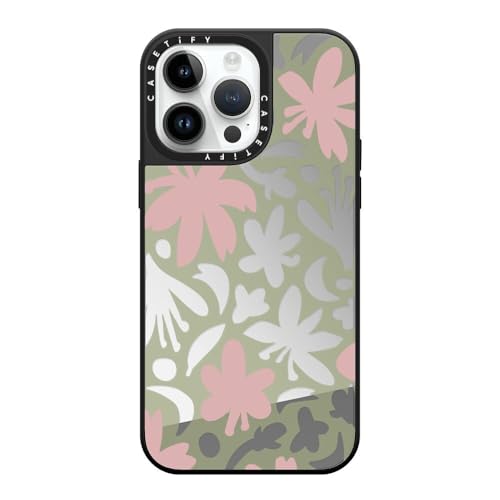 CASETiFY Magsafe �Ή��~���[ iPhone 14 Pro Max �P�[�X [���ː� / 1.5m����̗����������N���A / Magsafe �ɑΉ�] - Botanical Sakura - �V���o�[ (�u���b�N�o���p�[)