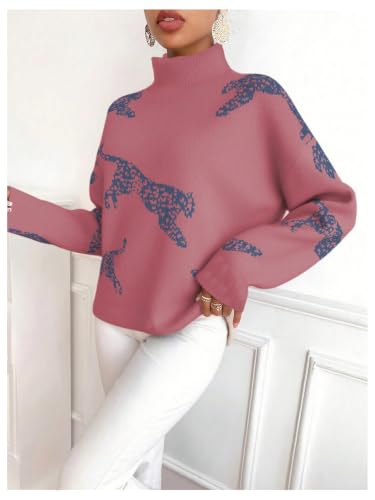 Image of WDIRARA Women's Leopard Tiger Print Sweater High Neck Long Sleeve Fuzzy Knitted Pullover Top