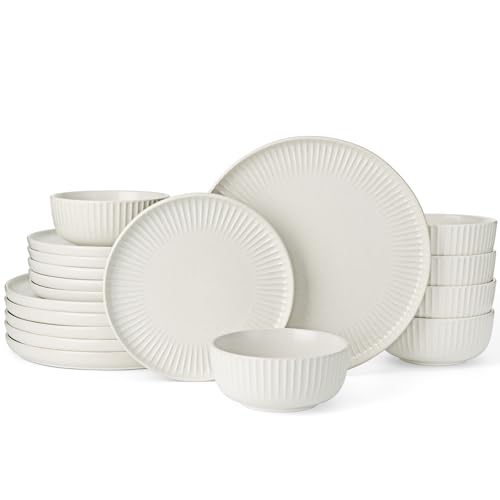 Image of Famiware Starlight 18-Piece Plates and Bowls Sets for 6, Stoneware Dinnerware with Ribbed Textured, Handcrafted Reactive Glaze Dishes - Dishwasher & Microwave Safe, Chip /Scratch Resistant, Matte White