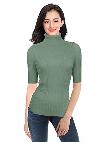 Image of v28 Women Turtleneck 1 /2 Half Sleeve Highly Stretchy Ribbed Knit Fitted Sweater