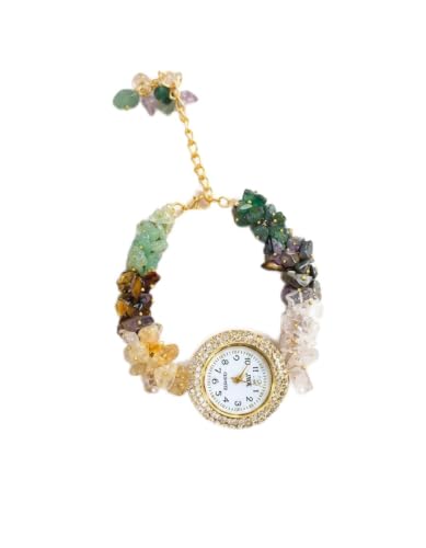 Image of ARKN Crystal Bracelet Watch for Women | Natural Gemstone Beaded Wrist Watch | Gold-Tone Dial with Rhinestone Bezel | Adjustable Fashion Jewellery Gift for Women & Girls