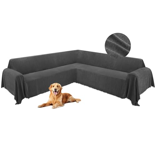 HDCAXKJ Corner Sectional Couch Covers for Dogs L Shape Sofa Cover with Tassel Chenille Super Soft Non Slip U Shaped Couch Cover Blanket Washable Sectional Slipcover Protector (Dark Gray, 91x252 inch)