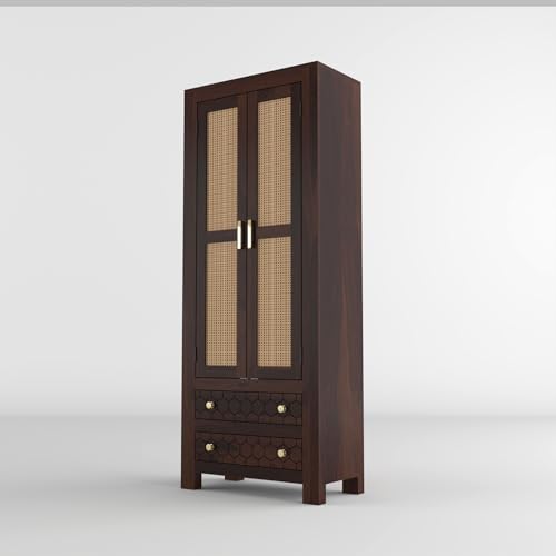 Image of PS DECOR Solid Sheesham Wood Book Shelf Cabinet with Cane Rattan Doors & 2 Drawers | Modern Wooden Bookshelf Storage Unit for Home Library, Living Room & Office (Walnut Finish)