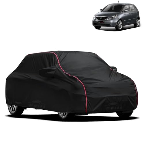 Image of Waterproof Car Cover for Tata Indica | All-Weather Protection, Dustproof & UV Resistant | Triple Stitched Mirror Pockets, Windproof Buckle Strap with Elastic Hem, Black-Red Piping