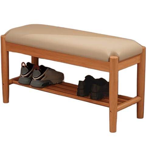 Zapatero para Entrada Banco de Entrada con Estructura de Madera Soporta hasta 220 Kg Banco Zapatero Tapizado en Piel Sintética Orgánica para Dormitorio, Sala De Estar o Balcón(Natural,80cm)