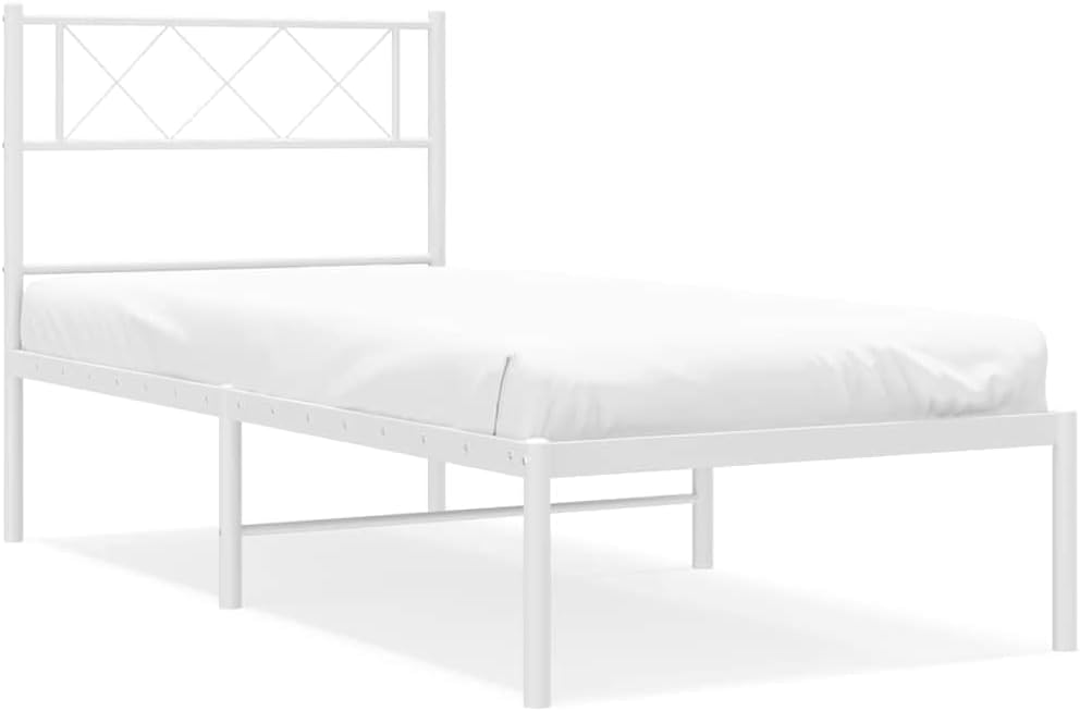 Modern White Metal Bed Frame Twin Size Durable Powder-Coated Steel Platform Foundation with Slatted Sturdy Frame and Headboard for Bedroom Minimalist Furniture