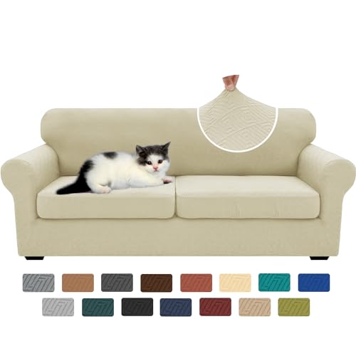 XINEAGE New 3 Pieces Couch Covers for 2 Extra Large Cushion Sofa Super Stretch Sofa Cover for 2 Large Seat Universal Loveseat Slip Cover for Living Room (Light Beige), 71"-91"(2 Cushions)