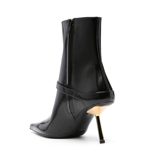 Women's Black Ankle Boots Pointed Toe Stiletto Buckle Boots Patent Leather High Heel Dress Short Boots with Zipper3