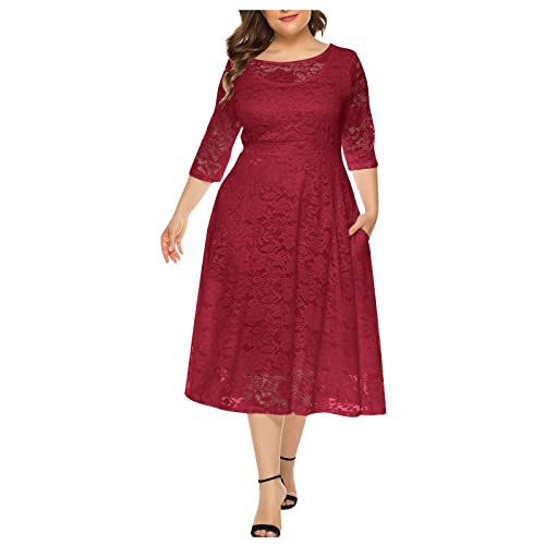 Azruma Pullover Damen Winter Strandkleid festliches Kleid Damen Weihnachten Strickjacke Damen Plus Size Spitzen Rundhals Midi Kleid Sommer 3/4 Ärmel...