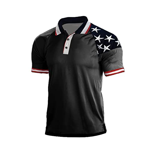 H HYFOL Short Sleeve Polo Shirts for Men Star Patchwork Graphic Stretch Casual American Patriotic Raglan Golf Polos for Men(Black,M