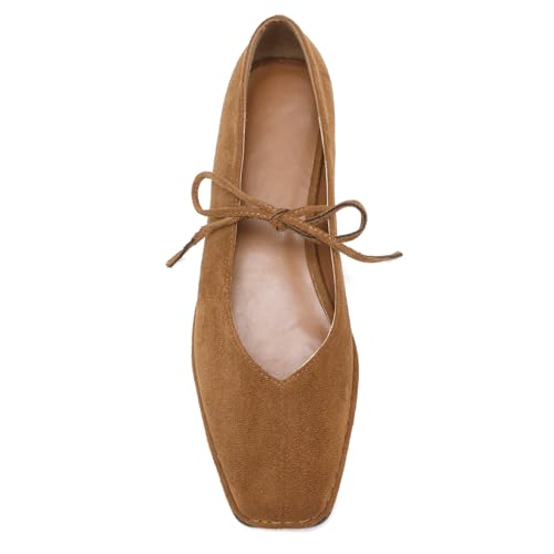 Square Toe Lace Up Ballet Flats for Women Cute Bow Slip On Mary Jane Flats Casual Ballerina Shoes Suede-Brown