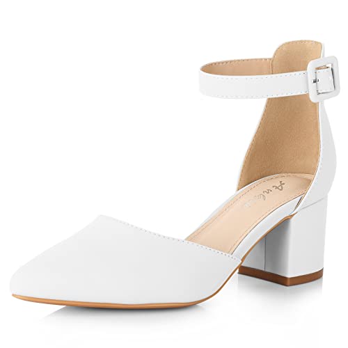 Image of Ankis Closed Toe Heels for Women, 2.25 Inch Low Block Chunky Dress Pumps | Black Nude White Gold Silver Pointed Toe Design, Soft Insole, Adjustable Ankle Strap, Classic Versatile, For Formal Daily