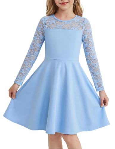 Image of Arshiner Girls Lace Dress Long Sleeve Kids Crewneck A-Line Partydress Blue