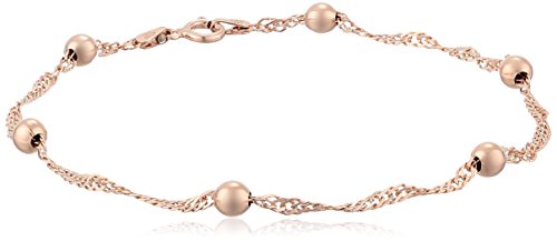 Rose Gold-Plated Sterling Silver Singapore with 4mm Bead Stations Chain Anklet, 9