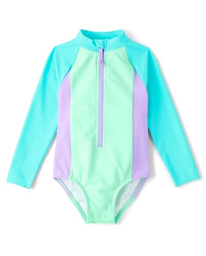 The Children's Place Girls' and Toddler Long Sleeve Half Zip One Piece Rashgaurd Swimsuit
