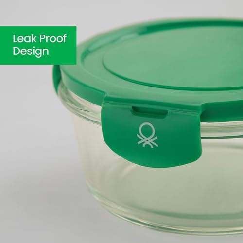 Image of United Colors of Benetton 840 ML Borosilicate Glass Food Storage Container with Airtight Green Lid - Leakproof, Microwave, Oven, Freezer & Dishwasher Safe - Durable & Reusable Lunch /Dinner Box