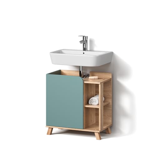 Livinity Meuble sous lavabo Marano, Bleu-Gris, 60x65cm avec Porte et Compartiments Ouverts