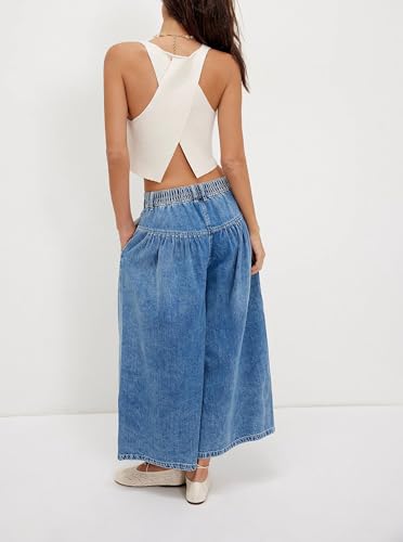 Ru Sweet Women's Wide Leg Baggy Jeans Elastic Waist Button Pleated Culotte Jeans Boyfriend Denim Pants3