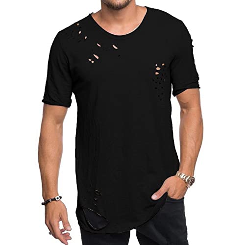Camiseta de Manga Corta Hombre Color sólido Moda Roto Camisa Verano Cuello Redondo Casual Deportivos Jogging T-Shirt Original Fiesta Tops Cómodo Suelto tee Talla Grande 2025