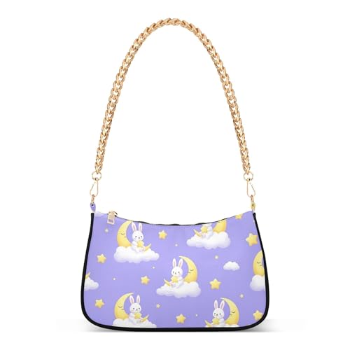 Cute Bunnies Moons Clouds Purple Hobo Party Purse Women Designer Handbag Animal Aesthetic Shoulder Bag Zipper Closure