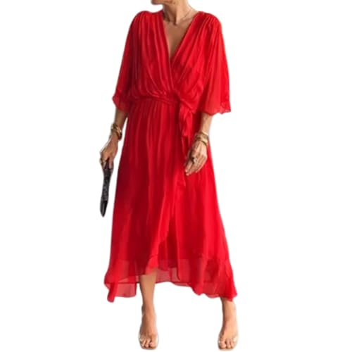 Vestido Largo de Gasa con Falda Larga y Cordones en Color Liso para Mujer, con Mangas murciélago y Cuello en V, Cintura Alta y Capas. (Red,3XL)