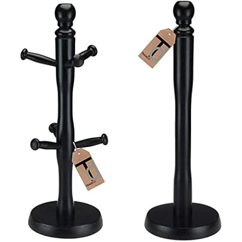 Tradeco direct® 2 Pc Mug Tree (6 Cup) & Kitchen Towel Holder Set Black Beech Wood 35cm Cover