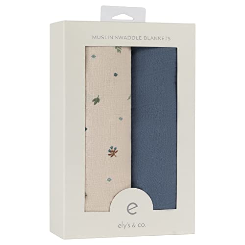 Image of Ely's & Co. Muslin Swaddle Blanket 2-Pack - 100% Cotton Muslin Extra-Large Swaddle Blankets (47 inch x 47 inch) Solid + Printed (Blue Garden Flower)