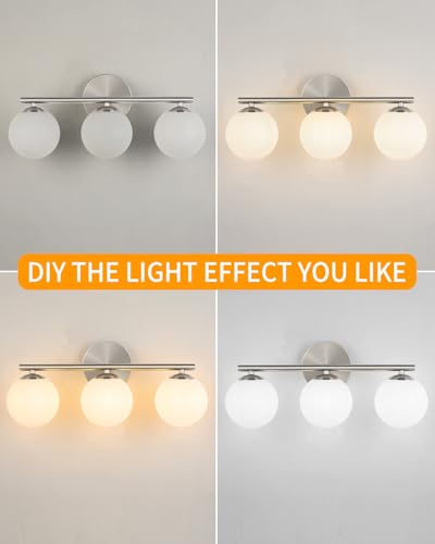 Image of foucasal Brushed Nickel Bathroom Light Fixtures Globe Vanity Light with Plastic Milk White Globe Shades 3-Light Wall Sconce Lighting above Mirror Vanity Lights for Bathroom Bedroom Hallway Living Room