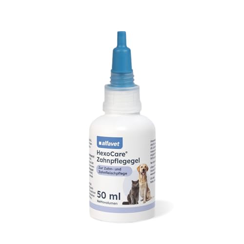 Alfavet HexoCare Zahnpflegegel 50 ml, für Hund, Katze, Nager, gegen Zahnstein und Zahnfleischentzündung, mit Chlorhexidin und Tris-EDTA und Katzenminze